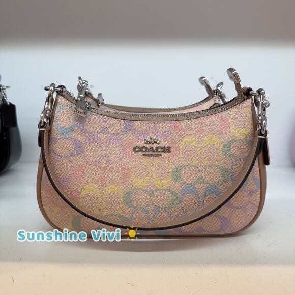 NWT Coach Teri Shoulder Bag In Rainbow Signature Canvas CDA91 Sand Multi